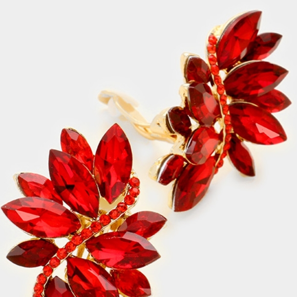 Red Marquise Crystal Clip On Earrings 1.5 Inch Swirl Leaf ClipOns Gold - Picture 3 of 3